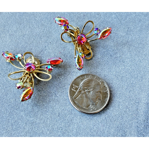 Vtg Pink Irridescent Aurora Borealis Prong Set Clip On Earrings Gold-tone - Picture 13 of 14